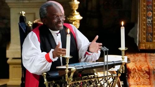 Bishop Michael Curry of the Episcopal Church gives an address during the wedding of Prince Harry and Meghan Markle in St. George’s Chapel at Windsor Castle on May 19. (Photo by Owen Humphreys - WPA Pool/Getty Images)