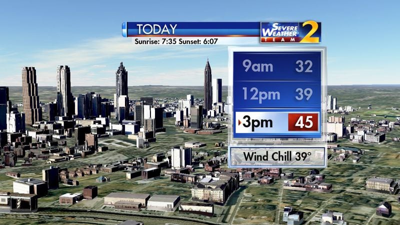 Atlanta is expected to reach a high of 45 degrees by 3 p.m. (Credit: Channel 2 Action News)