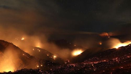The Thomas Fire burns in the Los Padres National Forest on Friday near near Ojai, California. The Thomas fire has burned over 143,000 acres. It  is 10 percent contained.