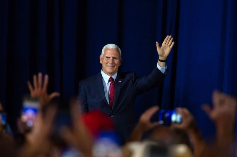 Vice President Mike Pence talks at a rally in Macon GA Saturday, July 21, 2018. Vice President Mike Pence endorsed Brian Kemp for Governor during the event. STEVE SCHAEFER / SPECIAL TO THE AJC