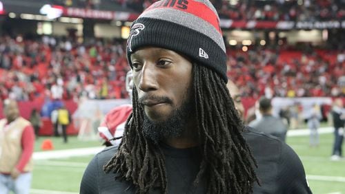 November 27, 2016, Atlanta: Falcons cornerback Desmond Trufant, who is out for the season with an injury, is on the field to support his teammates against the Cardinals in an NFL football game on Sunday, Nov. 27, 2016, in Atlanta. Curtis Compton/ccompton@ajc.com