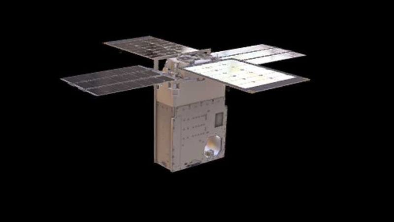 The Lunar Flashlight spacecraft, shown here, will search for ice on the moon's surface. The Georgia Tech-designed propulsion system is on the end with the solar panels. (Courtesy of NASA/JPL-Caltech)