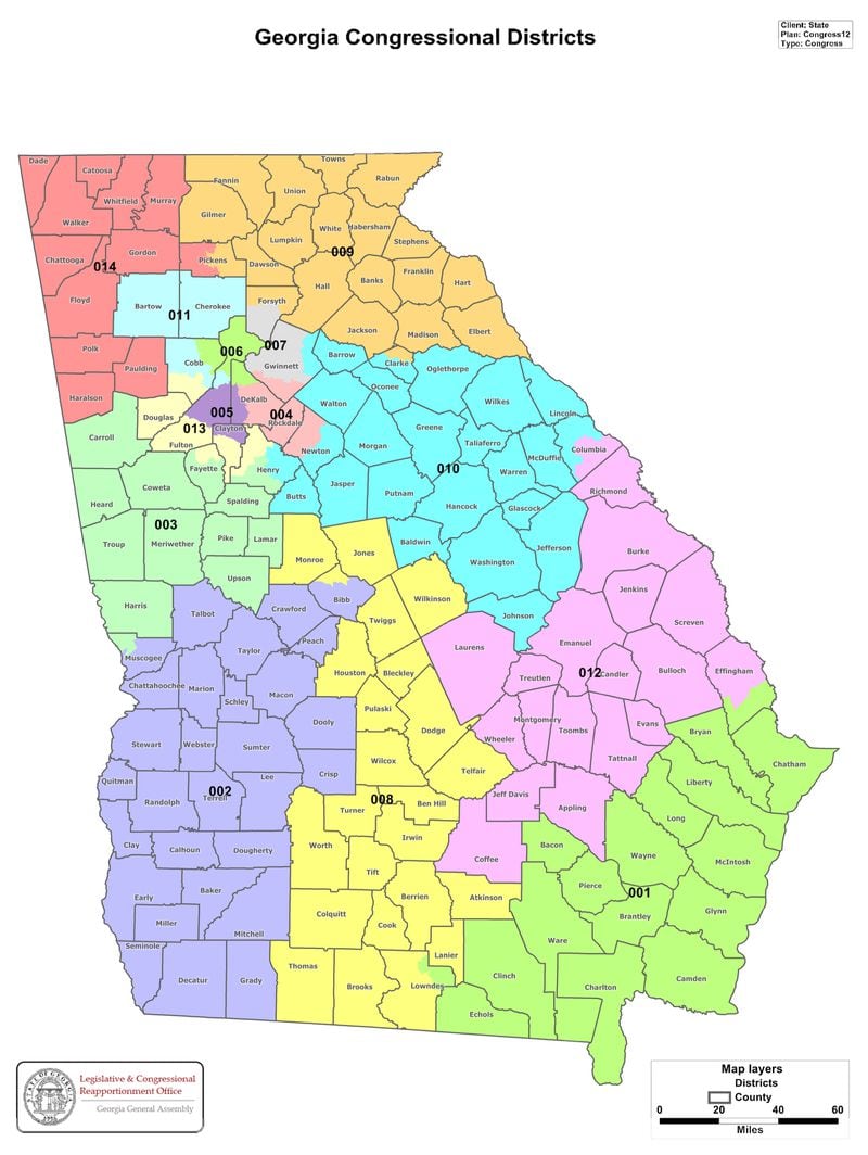Georgia has 14 congressional districts, with eight Republicans and six Democrats in 2021. Source: Legislative and Congressional Reapportionment Office