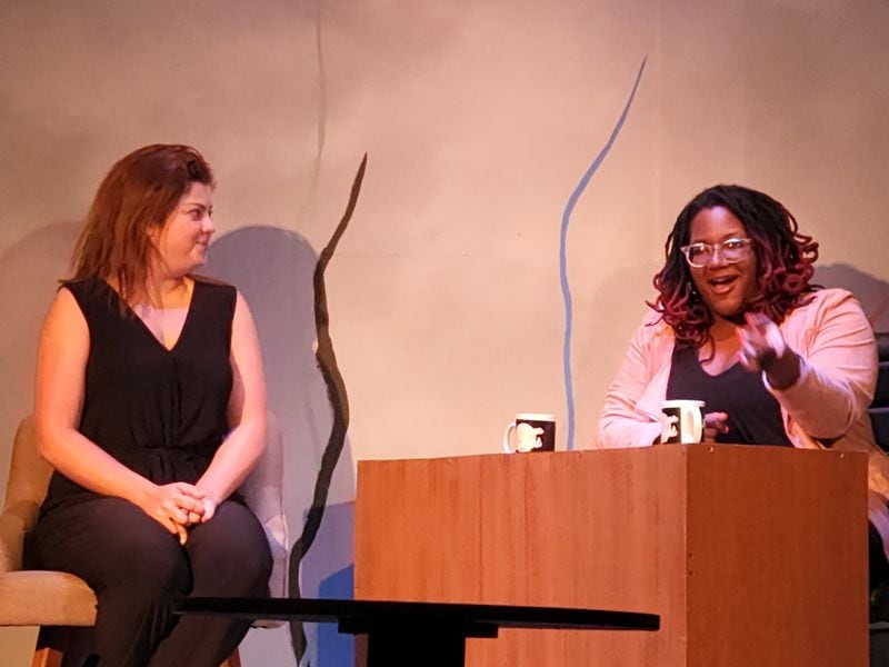 Rina (Hannah Morris, left) appears as a guest on the talk show of Val Moon (Daryl Patrice) in Essential Theatre’s “The Outrage Machine."