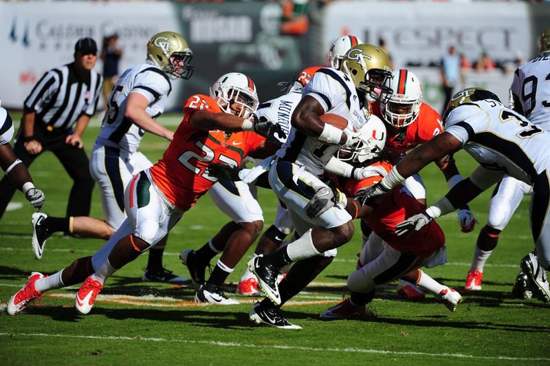 Jemea Thomas was stopped short of a first down on a fake punt early in Georgia Tech's loss to 24-7 loss to Miami in 2011 at Sun Life Stadium. (Photo by Scott Cunningham/Getty Images)