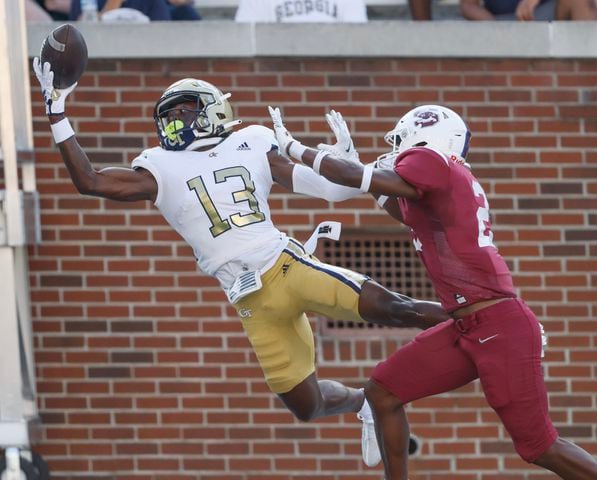 Georgia Tech Yellow Jackets wide receiver Eric Singleton Jr. (13) can't pull in this second half pass in  a football game against South Carolina State at Bobby Dodd Stadium in Atlanta on Saturday, September 9, 2023.   (Bob Andres for the Atlanta Journal Constitution)