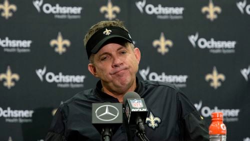 New Orleans Saints head coach Sean Payton faces the press after an uneven victory over the New York Jets. (AP Photo/Bill Feig)