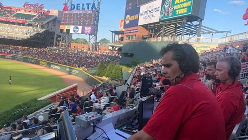 Play-by-play announcer Chip Caray (left) was joined by Tom Glavine (middle) and Jeff Francoeur for a 2019 telecast from the outfield stands at Truist Park (then named SunTrust Park). Caray and Francoeur again will broadcast from that spot for the Braves' May 26 game against the Phillies. (Bally Sports photo).