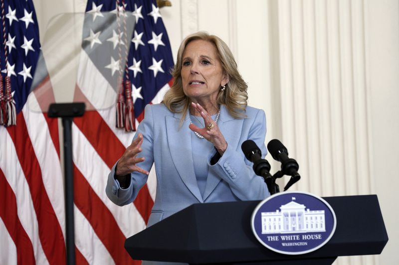 First lady Jill Biden speaks at an event on Federal employment opportunities for military spouses in the East Room at the White House, Wednesday, Apr. 17, 2024, in Washington. (AP Photo/Yuri Gripas)