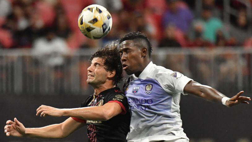 Atlanta United midfielder Santiago Sosa (left) was suspended for three matches Saturday by MLS for the use of a homophobic slur. (Hyosub Shin/The Atlanta Journal-Constitution/TNS)