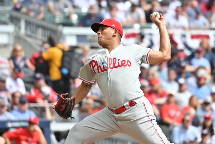 Philadelphia Phillies starting pitcher Ranger Suarez (55) during the first inning of game one of the baseball playoff series between the Braves and the Phillies at Truist Park in Atlanta on Tuesday, October 11, 2022. (Hyosub Shin / Hyosub.Shin@ajc.com)