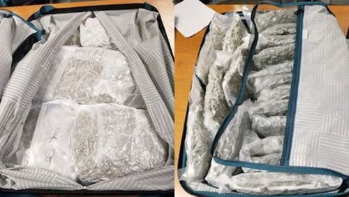 Four people were arrested after investigators found seven suitcases containing 174 pounds of marijuana, police said.