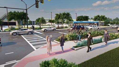 This rendering of the New Peachtree Road in Doraville that shows improved sidewalks, crosswalk, and planters. Credit: Keck and Wood