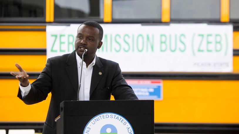 The U.S. Environmental Protection Agency's Region 4 Administrator Daniel Blackman answers student questions during a press conference announcing the availability of $400 million in grant funding for clean school buses on Wednesday, May 17, 2023, at the Michelle Obama STEM Academy in Hampton, Georgia. The grants will fund the replacement of diesel school buses with zero-emission school buses. CHRISTINA MATACOTTA FOR THE ATLANTA JOURNAL-CONSTITUTION.