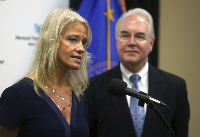 Tom Price looks on as Counselor to the President Kellyanne Conway speaks about the opioid crisis during a tour of a drug and alcohol treatment center in Media, Pa., on Sept. 15, 2017.