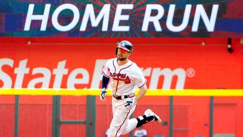 Ender Inciarte rounds the bases after hitting a seventh inning solo home run against the San Diego Padres at SunTrust Park on April 16, 2017, in Atlanta.