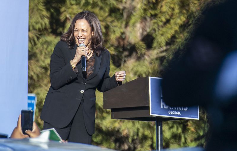 Georgia has not voted for a Democratic candidate for president since 1992, but the party is making a strong play for the state this year, with an Atlanta Journal-Constitution poll showing former Vice President Joe Biden deadlocked with President Donald rump. Democratic vice presidential candidate Kamala Harris, shown at a rally at Morehouse College, campaigned in Atlanta on Friday. Biden will be in Atlanta and Warm Springs on Tuesday.  (Alyssa Pointer / Alyssa.Pointer@ajc.com)