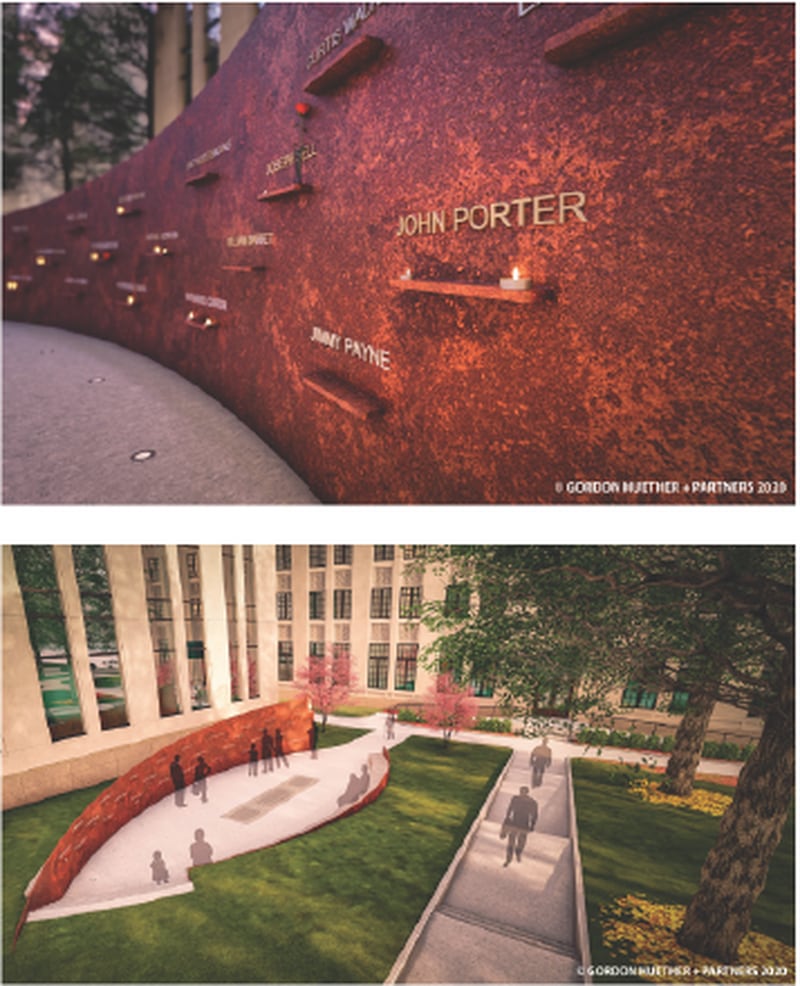 Renderings show the Atlanta Child Murder memorial wall and eternal flame that will sit at Atlanta City Hall. The memorial was approved by Atlanta City Council on Monday, Feb. 1, 2021. (Renderings by Gordon Huether Studio via City of Atlanta)