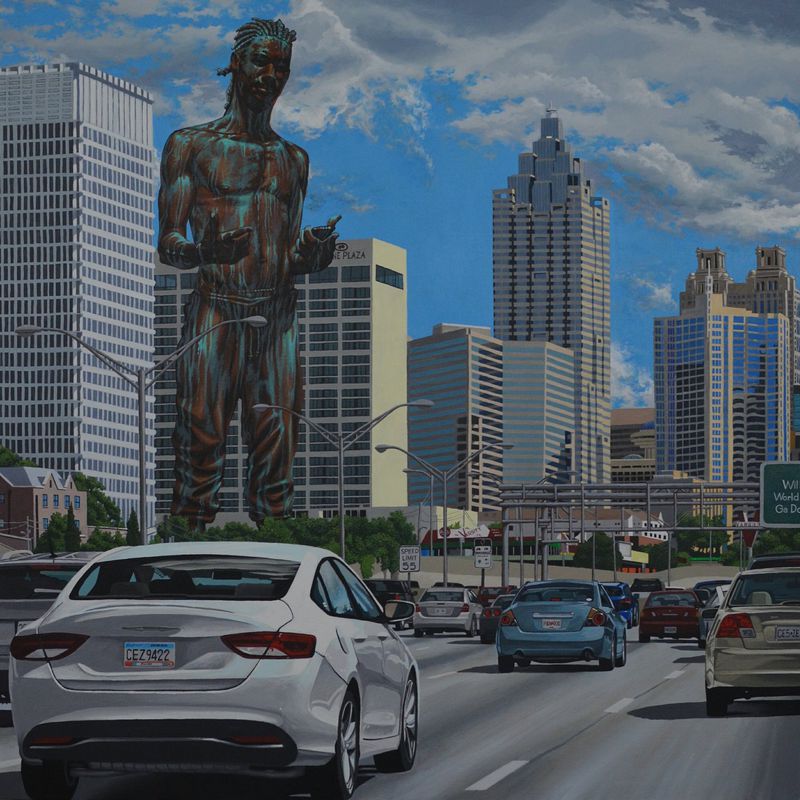 Alfred Conteh’s painting “Lick City Welcome” is featured in a solo show of the artist’s work at September Gray Fine Art Gallery.