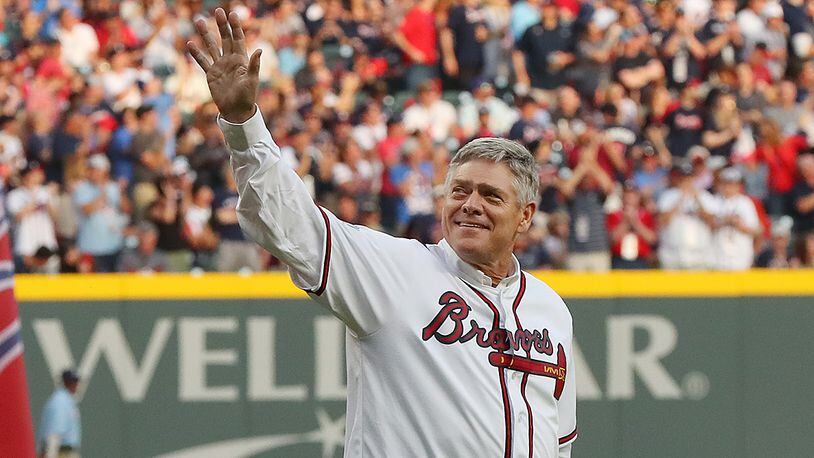 Braves icon Dale Murphy is pictured waving to the crowd before the Braves’ home opener at SunTrust Park in April. (Curtis Compton/ccompton@ajc.com)