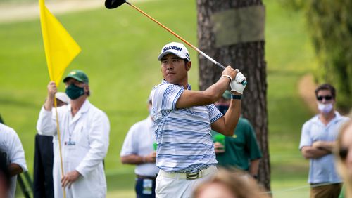 Hideki Matsuyama watches his 17th tee shot during round one of the Masters Tournament at Augusta National Golf Club in Augusta, Ga., Thursday, April 8, 2021. (Doug Mills/The New York Times)
