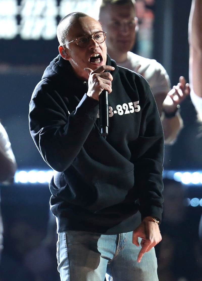  Logic performs "1-800-273-8255" at the 60th annual Grammy Awards at Madison Square Garden on Sunday, Jan. 28, 2018, in New York. (Photo by Matt Sayles/Invision/AP)