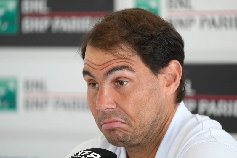 Rafael Nadal, of Spain, talks to journalists during a press conference at the Italian Open tennis tournament in Rome, Wednesday, May 8, 2024.(AP Photo/Gregorio Borgia)