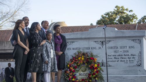 04/04/2018 -- Atlanta, GA - Dexter King, Martin Luther King III and Bernice King are joined by their family as they lay a wreath on the grave of their parents crypt outside of the King Center in Atlanta, Wednesday, April 4, 2018. It was 50 years ago today that King was assassinated at the Lorraine Hotel in Memphis. ALYSSA POINTER/ALYSSA.POINTER@AJC.COM