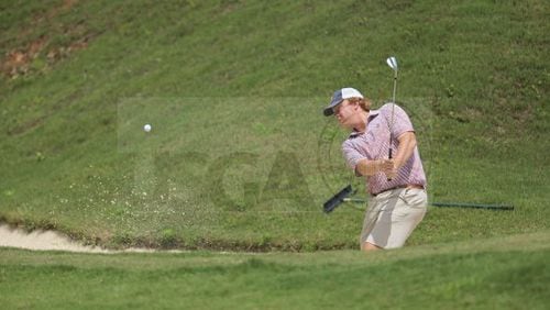Davis Love IV, known as Dru, escapes from the sand during U.S. Open sectional qualifying last week at Hawks Ridge. (USGA photo)