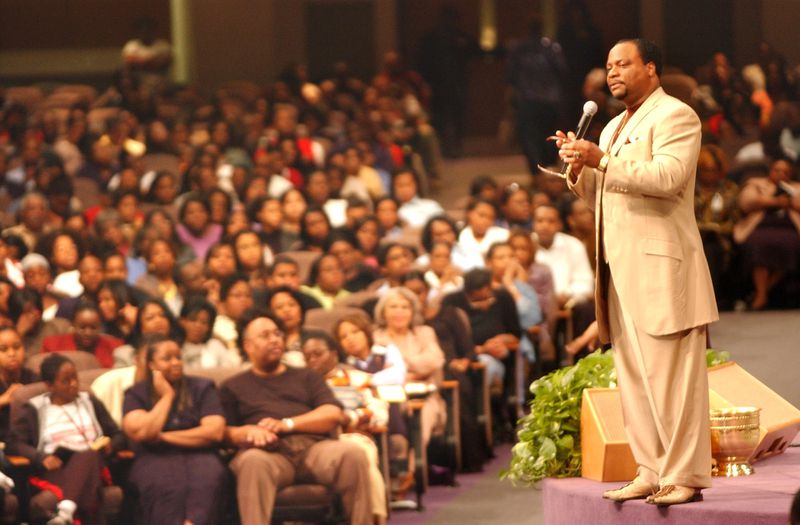 Bishop Eddie Long, Senior Pastor of the Church, speaks during Wednesday night Bible Study on April 9, 2003.  New Birth Missionary Baptist Church in Lithonia, Ga. is one of the mega-churches in Atlanta Metro area with a membership of about 25,000 people. Long became pastor of the church in 1987.