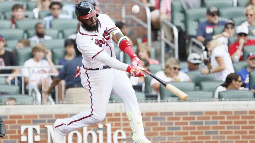 Braves Marcell Ozuna hits a foul ball during his second turn at bat; Ozuna was booed by Atlanta Braves fans in the first game since his DUI arrest at Truist Park. Miguel Martinez / miguel.martinezjimenez@ajc.com