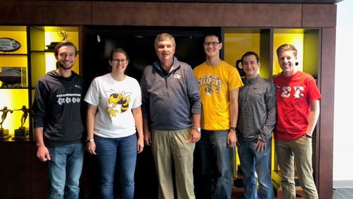 Five Georgia Tech students (four in the marching band, one in the Reck Club) shared lunch with coach Paul Johnson April 9, 2018 after one of them asked if Johnson would be willing to meet with him. Left to right: Michael Marzano, Emma Siegfried, Paul Johnson, Brian Kuo, Aaron Spak and Jonathan DeLozier. (Courtesy Brian Kuo)