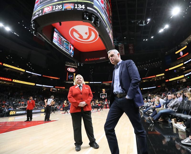Hawks owner Tony Ressler walks off the court in the final minute of a 136-131 loss to the New York Knicks on March 11, 2020, at State Farm Arena. In the fourth quarter of that game, the NBA announced the suspension of the season because of the coronavirus pandemic.
