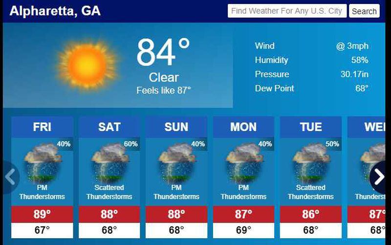 Weather in Alpharetta from June 8 to June 12, according to Channel 2 Action News.