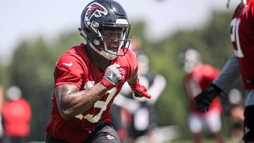 Wide receiver Reggie Davis (13) runs during training camp, Saturday, July 28, 2018, in Flowery Branch, Ga. He was cut by the Falcons on Saturday. BRANDEN CAMP/SPECIAL