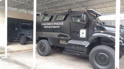 A Columbus Police Department "mrap," a  Mine-Resistant Ambush Protected military vehicle that can be used for rescues in flooded streets.