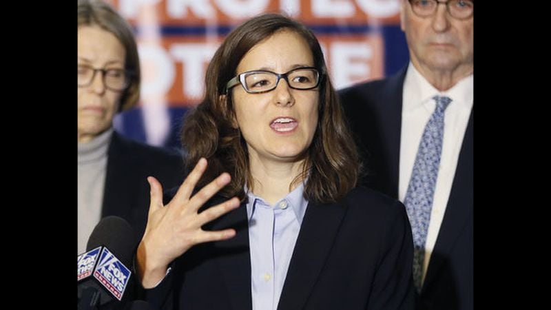 Lauren Groh-Wargo, Stacey Abrams' campaign manager, speaks during a news conference in November 2018. (Bob Andres/Atlanta Journal-Constitution)