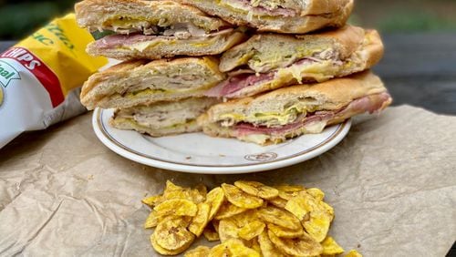 Cubanos ATL focuses mainly on Cuban sandwiches. Shown here are El Miami (classic); El Tampa (with salami) and El Pollo (made with jerk-spice-rubbed deli chicken); they are $11.99 each.
Wendell Brock for The Atlanta Journal-Constitution