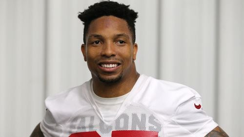 Atlanta Falcons safety Ricardo Allen is all smiles during an interview after organized team activities on Tuesday, May 22, 2018, in Flowery Branch.   Curtis Compton/ccompton@ajc.com