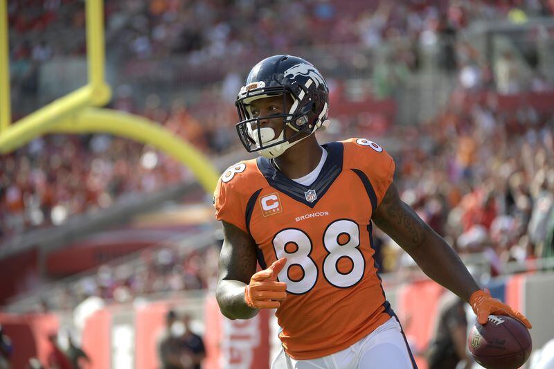 Denver Broncos wide receiver Demaryius Thomas (88) reacts after scoring a touchdown during the first half of an NFL football game against the Tampa Bay Buccaneers in Tampa, Fla., Sunday, Oct. 2, 2016. (AP Photo/Phelan M. Ebenhack)