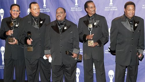 Inductees Verne Allison, Charles Barksdale, John Carter, Marvin Curtis Junior and Michael McGill of The Dells backstage at the Rock & Roll Hall Of Fame 19th Annual Induction Dinner at the Waldorf Astoria Hotel March 15, 2004 in New York City.  Barksdale died March 15, 2019 at the age of 84.