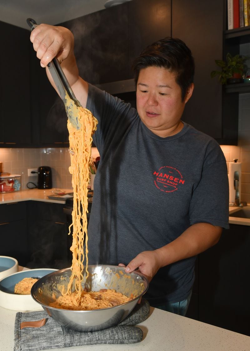 Leftie Lee’s chef Vivian Lee enjoys making Ramen Carbonara at home. (Styling by Vivian Lee / Chris Hunt for the AJC)