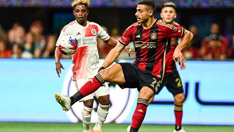 Atlanta United forward Giorgos Giakoumakis #7 controls the ball during the first half of the match against New England Revolution at Mercedes-Benz Stadium in Atlanta, GA on Wednesday May 31, 2023. (Photo by Mitchell Martin/Atlanta United)