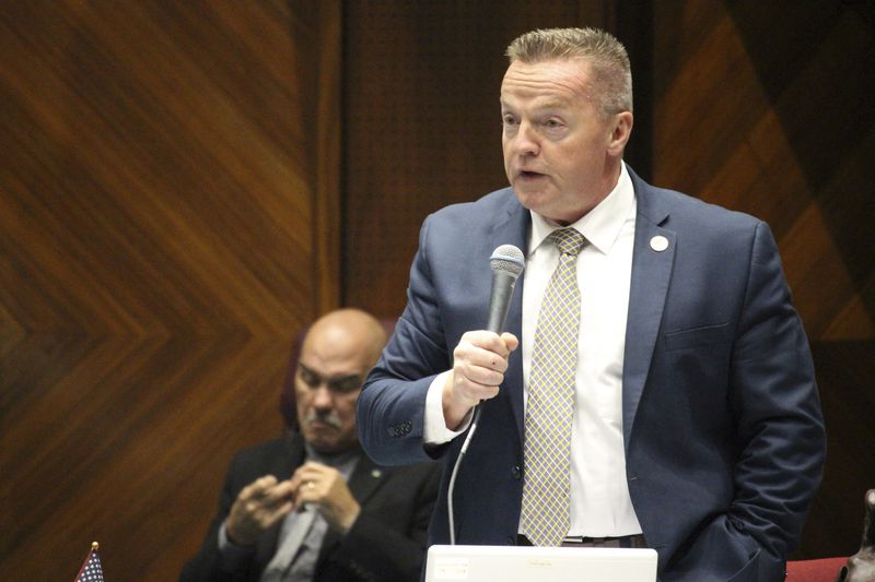 FILE - Republican Rep. Anthony Kern argues in support of a provision in the Arizona budget package that strips cash from Maricopa County Sheriff's Office, May 4, 2017, in Phoenix. Kern is one of 11 Republicans in Arizona who submitted a document to Congress falsely declaring Donald Trump had beaten Joe Biden in the state during the 2020 presidential election were charged Wednesday, April 24, 2024, with conspiracy, fraud and forgery. (AP Photo/Bob Christie, File)
