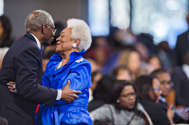 Naomi King (right) hugs Lawrence Carter before the 48th Martin Luther King Jr. Annual Commemorative Service at Ebenezer Baptist Church in Atlanta on Monday, January 18, 2016.  JONATHAN PHILLIPS / SPECIAL