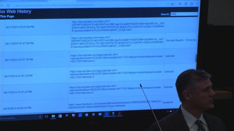 Digital forensics expert Jim Persinger shows that on the day before Cooper's death, Justin Ross Harris ran searches for a vacation for two adults and no children, during Harris' murder trial at the Glynn County Courthouse in Brunswick, Ga., on Thursday, Oct. 27, 2016. (screen capture via WSB-TV)