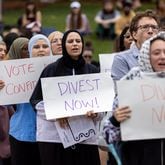 Protesters at various Georgia campuses, including Emory University, have called for their schools to cut financial ties to Israel. (Arvin Temkar / AJC)