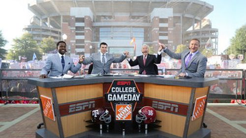 On the set of College GameDay last season (l-r): Desmond Howard, Rece Davis, Lee Corso and Kirk Herbstreit. (Photo by Allen Kee / ESPN Images)