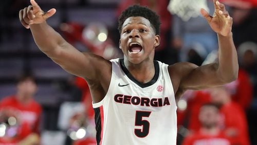 Georgia guard Anthony Edwards calls a defense against the Citadel in a NCAA college basketball game on Tuesday, November 12, 2019, in Athens.