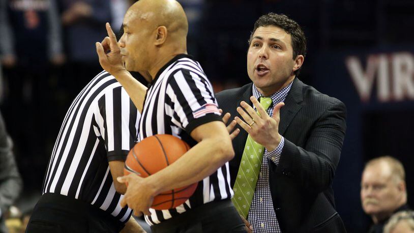 Josh Pastner of the Georgia Tech Yellow Jackets disputes a call in the first half during a game against the Virginia Cavaliers at John Paul Jones Arena on February 27, 2019.